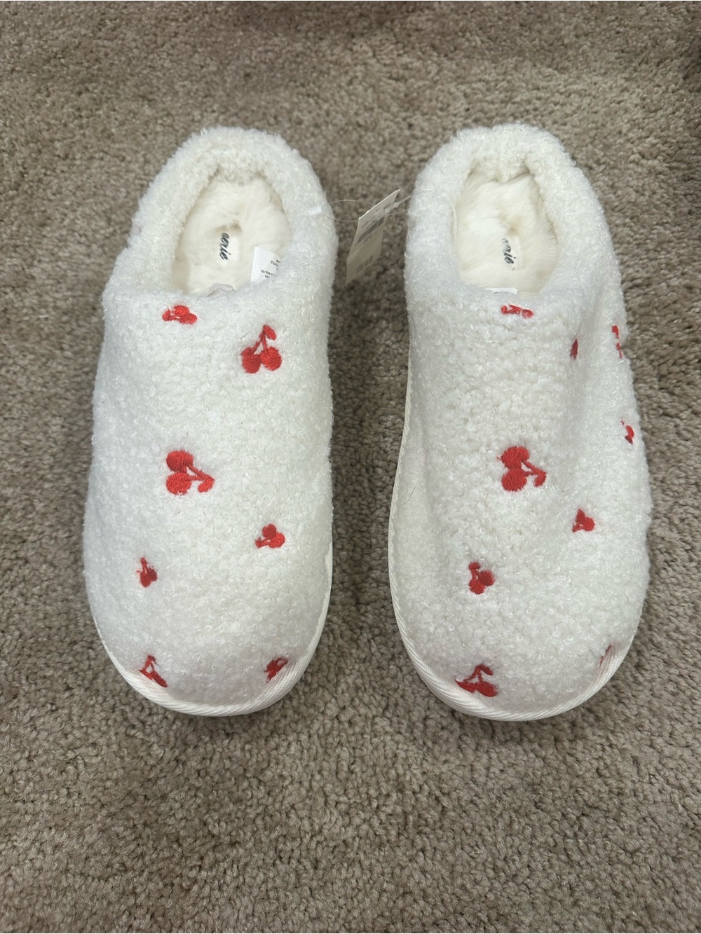 aerie Cream Slip-On Cozy Slippers with Red Cherry Accent